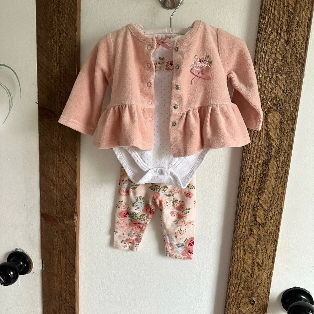 Laura Ashley Floral 3 Pc Matching Outfit Set 0-3M Infant Baby Girl